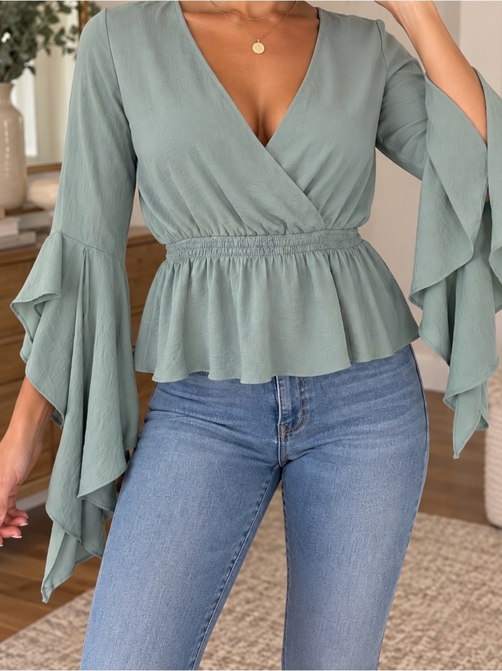 Express Sage Green Surplice Smocked Waist Blouse